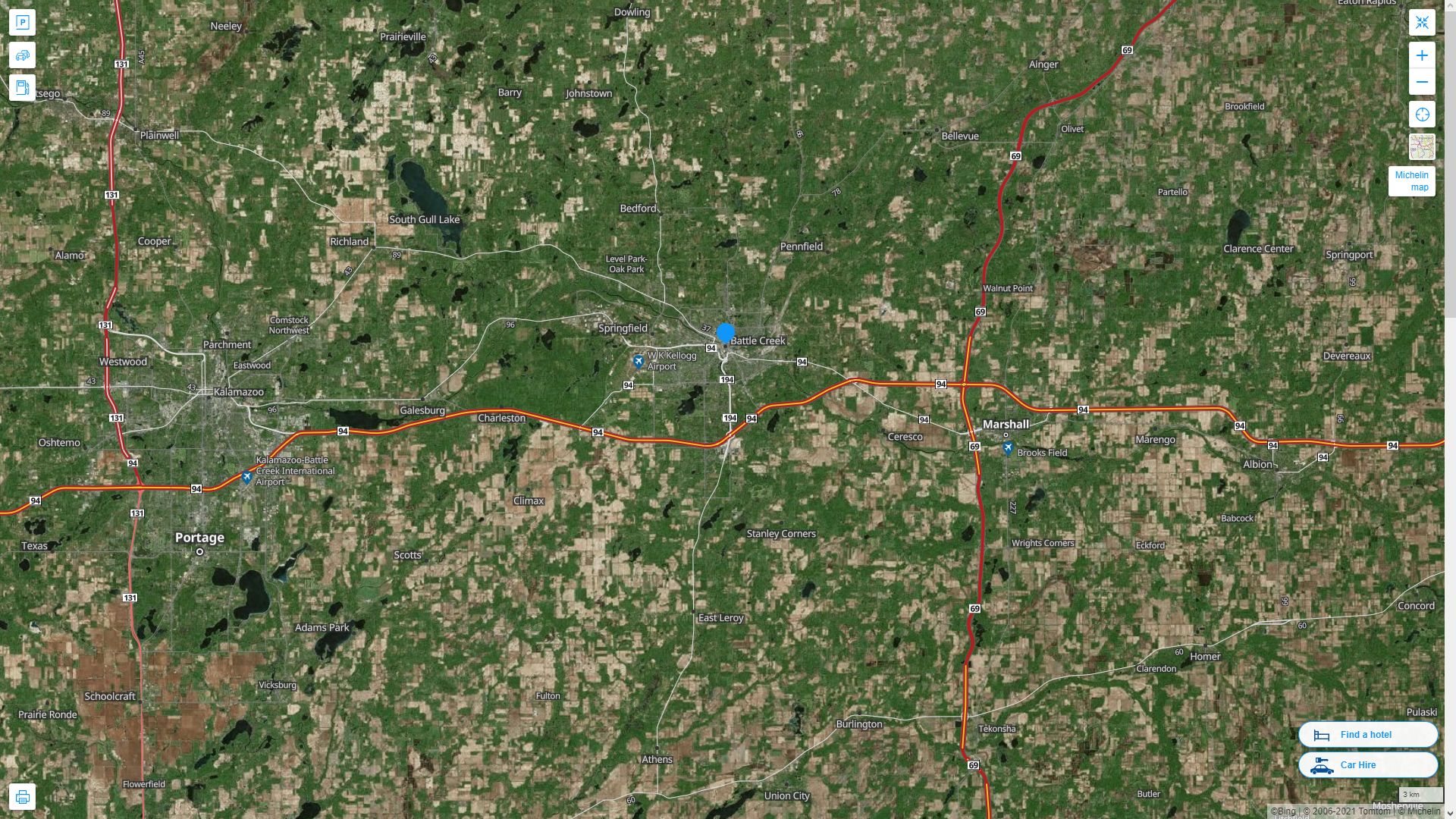 Battle Creek Michigan Highway and Road Map with Satellite View